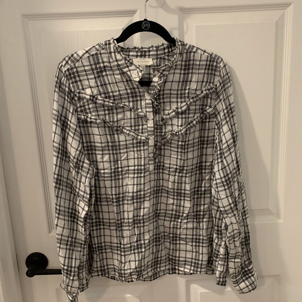 Lucky Brand Womens Shirt Size XL Black Plaid Top Long Sleeve 1/2 Button‎ Ruffle